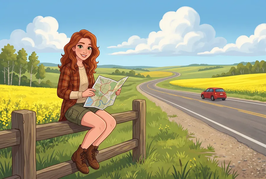 Young woman on a fence by a country highway, reading a map