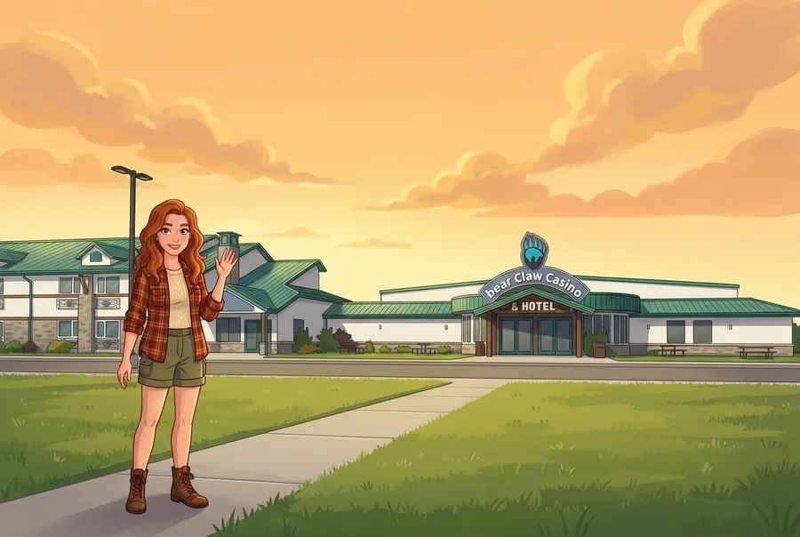 Woman waving outside Bear Claw Casino and Hotel