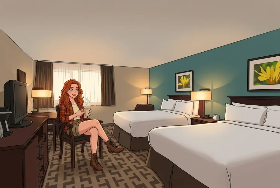 Woman with a coffee mug in a Bear Claw hotel room